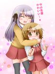  blush bow brown_hair closed_eyes grey_hair hair_bow hair_ornament hairclip hidamari_sketch hug long_hair matsuri_(hidamari_sketch) multiple_girls sakura_yuuki school_uniform short_hair skirt smile thighhighs yuno zettai_ryouiki 