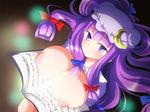  blush book breasts crescent deego_(omochi_bazooka) hair_ribbon hat inverted_nipples large_breasts long_hair nipples open_book patchouli_knowledge purple_eyes purple_hair ribbon solo touhou 