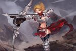  armor arrow blonde_hair blue_eyes bow_(weapon) breasts cleavage cleavage_cutout drawing_bow fingerless_gloves foreshortening garter_straps gloves greaves highres medium_breasts navel original pointy_ears quiver scarf short_hair snowing sola7764 solo thighhighs weapon 