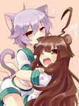  ahoge animal_ears bear_ears bear_girl biting brown_eyes brown_hair cat_ears cat_tail ear_biting fang fang_out kantai_collection kemonomimi_mode kuma_(kantai_collection) lavender_hair long_hair multiple_girls nagasioo navel one_eye_closed open_mouth red_eyes short_hair smile tail tama_(kantai_collection) wavy_mouth 