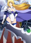  armor blonde_hair blue_eyes boots breasts cape cleavage gauntlets highres large_breasts long_hair screencap seikoku_no_dragonar solo sword thigh_boots thighhighs veronica_lautreamont very_long_hair weapon 