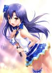  :d blue_hair bow brown_eyes choker dutch_angle glint hair_bow hair_ornament hand_on_own_chest idolmaster idolmaster_(classic) jpeg_artifacts kisaragi_chihaya leg_garter long_hair looking_back microphone open_mouth smile solo sparkle sweat wrist_cuffs zen 