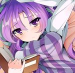  :&lt; bed_sheet blush book breasts eyes_visible_through_hair highres large_breasts long_hair long_sleeves looking_at_viewer lying miton_(turuyasann) notebook on_back open_book patchouli_knowledge purple_eyes purple_hair purple_shirt shirt solo_focus striped striped_shirt touhou 
