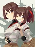  breasts brown_eyes brown_hair crossed_arms grin hair_ribbon hyuuga_(kantai_collection) ise_(kantai_collection) kantai_collection large_breasts long_hair looking_at_viewer multiple_girls nagasioo one_eye_closed ponytail ribbon short_hair skirt smile 