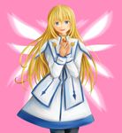  :d bad_id bad_pixiv_id black_legwear blonde_hair blue_eyes collet_brunel dress hands_clasped highres long_hair open_mouth own_hands_together pantyhose pink_background segawa-a smile solo tales_of_(series) tales_of_symphonia wings 