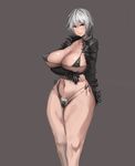  1girl bikini blush breasts curvy dungeon_and_fighter huge_breasts jacket large_breasts looking_at_viewer metal_owl_(aden12) navel owl_(artist) pubic_hair red_eyes short_hair silver_hair simple_background slayer_(dungeon_and_fighter) solo swimsuit thighs thong white_hair 