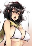  bikini_top black_hair breasts hat huge_breasts leaf_print looking_at_viewer open_mouth pointy_ears red_eyes scarf shameimaru_aya short_hair solo tobisawa tokin_hat tongue tongue_out touhou 