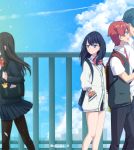  2boys 2girls black_hair blazer blue_eyes bow cloud fence green_hair hands_in_pockets hibiki_yuuta jacket long_hair looking_back multiple_boys multiple_girls necktie nnyara petals pink_bow red_hair red_neckwear school_uniform shinjou_akane_(real) spoilers ssss.gridman sweater_vest takarada_rikka twitter_username utsumi_shou walking 