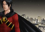  1boy bandoliers batman_(series) blue_eyes cape city dc_comics emblem looking_at_viewer male male_focus night pole red_robin red_shirt shirt solo tim_drake weapon 