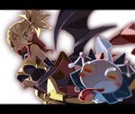  bad_id bad_pixiv_id bare_shoulders blonde_hair bow breasts bright_pupils bukurote disgaea earrings highres jewelry letterboxed makai_senki_disgaea_2 medium_breasts pointy_ears ponytail red_eyes ring rozalin short_hair slit_pupils tink_(disgaea) tongue tongue_out wings yellow_bow 
