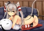  :3 amatsukaze_(kantai_collection) animal_ear_fluff animal_ears arched_back armpit_crease bare_shoulders black_panties blush brown_eyes cat_ears cat_tail commentary_request eyebrows_visible_through_hair garter_straps haik hair_between_eyes hair_tubes highres kantai_collection kemonomimi_mode long_hair looking_at_viewer panties platinum_blonde_hair red_legwear side-tie_panties silver_hair solo striped striped_legwear tail thighhighs topless two_side_up underwear underwear_only |_| |w| 