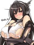  bare_shoulders black_gloves black_hair blush breasts elbow_gloves fingerless_gloves gloves hairband headgear kantai_collection large_breasts long_hair nagato_(kantai_collection) red_eyes satou_samu simple_background solo torn_clothes white_background 