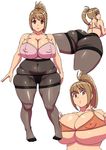  1girl ass back black_legwear black_panties bra breasts brown_eyes brown_hair bursting_breasts butt_crack cleavage erect_nipples fat from_behind huge_ass huge_breasts kuruma_hajime legs lowleg lowleg_panties navel original panties panties_under_pantyhose pantyhose pink_bra pink_eyes plump ponytail short_hair simple_background skindentation solo thick_thighs thighs underwear underwear_only white_background wide_hips 