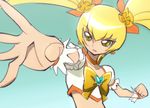  blonde_hair bow choker cure_sunshine earrings fighting_stance gradient gradient_background green_background hair_ornament hair_ribbon heart heartcatch_precure! jewelry long_hair magical_girl manji_(tenketsu) midriff myoudouin_itsuki navel orange_bow orange_choker precure ribbon serious sketch solo twintails wrist_cuffs yellow_bow yellow_eyes 