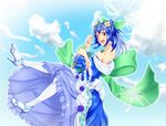  :d blue_dress blue_hair bow dress earrings gem gen_2_pokemon hair_bow high_heels jewelry jumpluff necklace noppoago open_mouth pantyhose personification pokemon ponytail red_eyes smile solo tiara white_legwear 