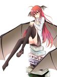  :t absurdres ahoge bat_wings black_legwear book_stack breasts cleavage head_wings highres kagamiya_(kyouya) koakuma large_wings long_hair open_clothes open_shirt pout red_eyes red_hair shirt shoes simple_background single_shoe sitting skirt small_breasts solo thighhighs torn_clothes torn_skirt touhou white_background wings 