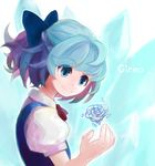 aozora-c blue_eyes blue_hair bow character_name cirno hair_bow ice ice_flower ribbon short_hair smile solo touhou 