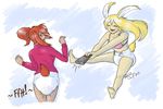  2013 abstract_background animal_ears bigger_version_at_the_source blonde_hair bra brown_hair diaper duo feces female hair lagomorph mammal rabbit_ears red_hair remote remote_control scat soiling sweater underwear 