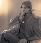  cross cross_necklace fate/stay_night fate_(series) jewelry kotomine_kirei long_coat male_focus muted_color necklace sitting solo taa_(acid) 