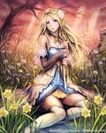  anbe_yoshirou blonde_hair bridal_gauntlets dagger detached_sleeves dress flower grass grey_eyes long_hair looking_at_viewer official_art petals solo tenkuu_no_crystalia thighhighs tree water weapon white_legwear 