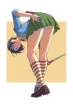  1geki1 1girl black_hair brown_eyes kunai necktie short_hair skirt solo striped striped_legwear weapon 