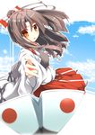  absurdres brown_eyes brown_hair cloud day flat_chest fuuna hachimaki hair_ribbon headband high_ponytail highres japanese_clothes japanese_flag kantai_collection light_brown_hair long_hair muneate open_mouth paper_airplane ponytail ribbon shorts sky solo zuihou_(kantai_collection) 