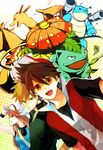  2boys bad_id bad_pixiv_id baseball_cap blastoise blue_(pokemon) blue_eyes brown_hair charizard gen_1_pokemon green_eyes hat long_hair lupicam multiple_boys ookido_green pokemon pokemon_(creature) pokemon_special porkpie_hat red_(pokemon) red_eyes venusaur 