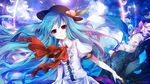  artist_name blue_hair bow chikashige food frown fruit hat hinanawi_tenshi long_hair peach red_eyes sky solo touhou 