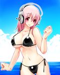  bad_id bad_pixiv_id bikini black_bikini breasts cleavage headphones ichi/mine large_breasts long_hair looking_at_viewer nitroplus pink_eyes pink_hair smile solo super_sonico swimsuit 