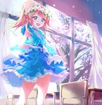  41y_(yooichiwai) :d ayase_eli blonde_hair blue_eyes chair classroom curtains desk dress flower highres long_hair love_live! love_live!_school_idol_project open_mouth ponytail school_desk skirt smile tree window yume_no_tobira 