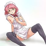  apron arm_support bare_shoulders bow bowtie frills glasses lowres maid maid_headdress minato_fumi naked_apron pink_hair revision solo thighhighs 