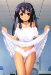  aniki-fx black_hair blue_eyes blush bow bow_panties breasts captain_earth dark_skin dress dress_lift highres lace lace-trimmed_panties large_breasts long_hair looking_at_viewer mutou_hana off_shoulder panties pink_panties smile solo thigh_gap underwear white_dress 