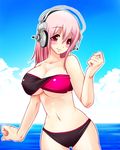  bad_id bad_pixiv_id bandeau bikini breasts cleavage headphones ichi/mine large_breasts long_hair looking_at_viewer nitroplus pink_eyes pink_hair smile solo super_sonico swimsuit 