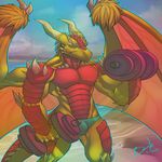  abs anthro beach biceps blue_eyes bodybuilder bodybuilding bonk bulge dragon dumbbells grin horn male muscles pecs pose red_skin reptile sand scales scalie seaside smile solo speedo spikes standing swimsuit toned topless water weightlifting weights wings yellow_skin 