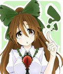  :&lt; ? absurdres bangs bow breasts brown_eyes brown_hair commentary_request gokuu_(acoloredpencil) green_background hair_bow highres large_breasts long_hair looking_up open_mouth outline pointing ponytail reiuji_utsuho simple_background solo third_eye touhou upper_body 