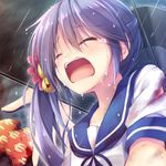  akebono_(kantai_collection) bell blood closed_eyes commentary crying flower hair_bell hair_flower hair_ornament jingle_bell kantai_collection long_hair masaki_kei open_mouth purple_hair rain school_uniform serafuku solo tears torn_clothes 