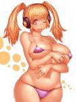  belly bikini blonde_hair breasts cameltoe fumio_(rsqkr) headphones large_breasts long_hair looking_at_viewer navel nitroplus one_eye_closed plump purple_bikini red_eyes skindentation solo super_pochaco swimsuit twintails 