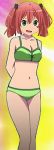  arms_behind_back artist_request bare_shoulders bikini child chuunibyou_demo_koi_ga_shitai! cleavage collarbone dutch_angle facial_mark foreshortening green_bikini green_swimsuit hair_rings legs looking_at_viewer mound_of_venus navel shichimiya_satone solo swimsuits 