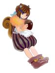  acorn animal_ears aozora-c apron blue_eyes boots bow bracelet brown_hair highres holding jewelry original personification puffy_pants short_hair solo squirrel squirrel_ears squirrel_tail tail 
