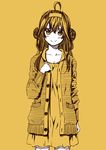  ahoge alternate_costume casual collarbone double_bun dress hairband kantai_collection kongou_(kantai_collection) kouji_(campus_life) long_hair long_sleeves looking_at_viewer monochrome smile solo yellow 