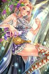  architecture bad_id bad_pixiv_id belt blonde_hair boots bottle column dress dust dutch_angle earrings food fruit gem grapes gunshin_shoukan_ark_knights holding holding_bottle jewelry light_rays looking_at_viewer original pillar plant purple_eyes see-through silver_dress solo stitches sunlight sweetwitch thigh_boots thighhighs vines white_dress 