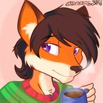  anname219 anthro canine clothing drinking fox fur hair leon_genko long_hair looking_at_viewer male mammal orange_fur purple_eyes smile solo white_fur 