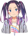  autoway ban_narumi blue_eyes blush collarbone flat_chest headphones headphones_around_neck hood hoodie ikinari_ban! kamogawa_(kamogawa_sodachi) long_hair looking_at_viewer multicolored_hair official_art pout solo transparent_background twintails two-tone_hair upper_body 