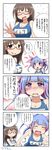  4koma alternate_costume alternate_hairstyle blue_hair breasts brown_hair cleavage comic crying crying_with_eyes_open earth_ekami glasses hair_down hair_ribbon highres i-19_(kantai_collection) kaga_(kantai_collection) kantai_collection large_breasts long_hair multiple_girls one-piece_swimsuit red-framed_eyewear ribbon school_swimsuit swimsuit tears translated twintails 