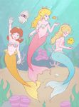  blooper breasts brown_hair cleavage clothed clothing coral crown eyes_closed female fish fish_tail gloves group hair lips luma marine mario_bros mermaid mythology nintendo no_feet princess_daisy princess_peach princess_rosalina royalty seashells seaweed underwater video_games water 