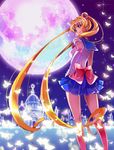  back_bow bishoujo_senshi_sailor_moon blonde_hair blue_eyes blue_sailor_collar blue_skirt boots bow bug butterfly castle double_bun elbow_gloves from_behind full_body full_moon gloves hair_ornament hairpin hand_on_hip insect knee_boots long_hair looking_back magical_girl moon pink_moon pleated_skirt red_bow sailor_collar sailor_moon sailor_senshi_uniform saojou skirt smile solo standing tiara tsukino_usagi twintails white_gloves 