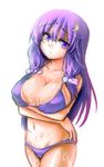  bikini breast_hold breasts chestnut_mouth collarbone crescent crescent_hair_ornament crossed_arms crossed_legs finger_gun freeze-ex hair_ornament large_breasts long_hair looking_at_viewer navel patchouli_knowledge purple_eyes purple_hair shiny shiny_skin solo standing swimsuit touhou wet 