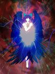  barefoot black_hair bow closed_eyes glowing hair_bow hand_on_own_shoulder long_hair reiuji_utsuho san_(artist) skirt solo third_eye touhou wings 