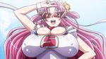  bursting_breasts curvy huge_breasts nipples open_mouth pink_hair seikon_no_qwaser smile sunglasses superhero tongue tsujidou_miyuri v 