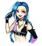  1girl blue_hair braid bullet bullets gloves hairline jinx_(league_of_legends) league_of_legends long_hair tattoo 